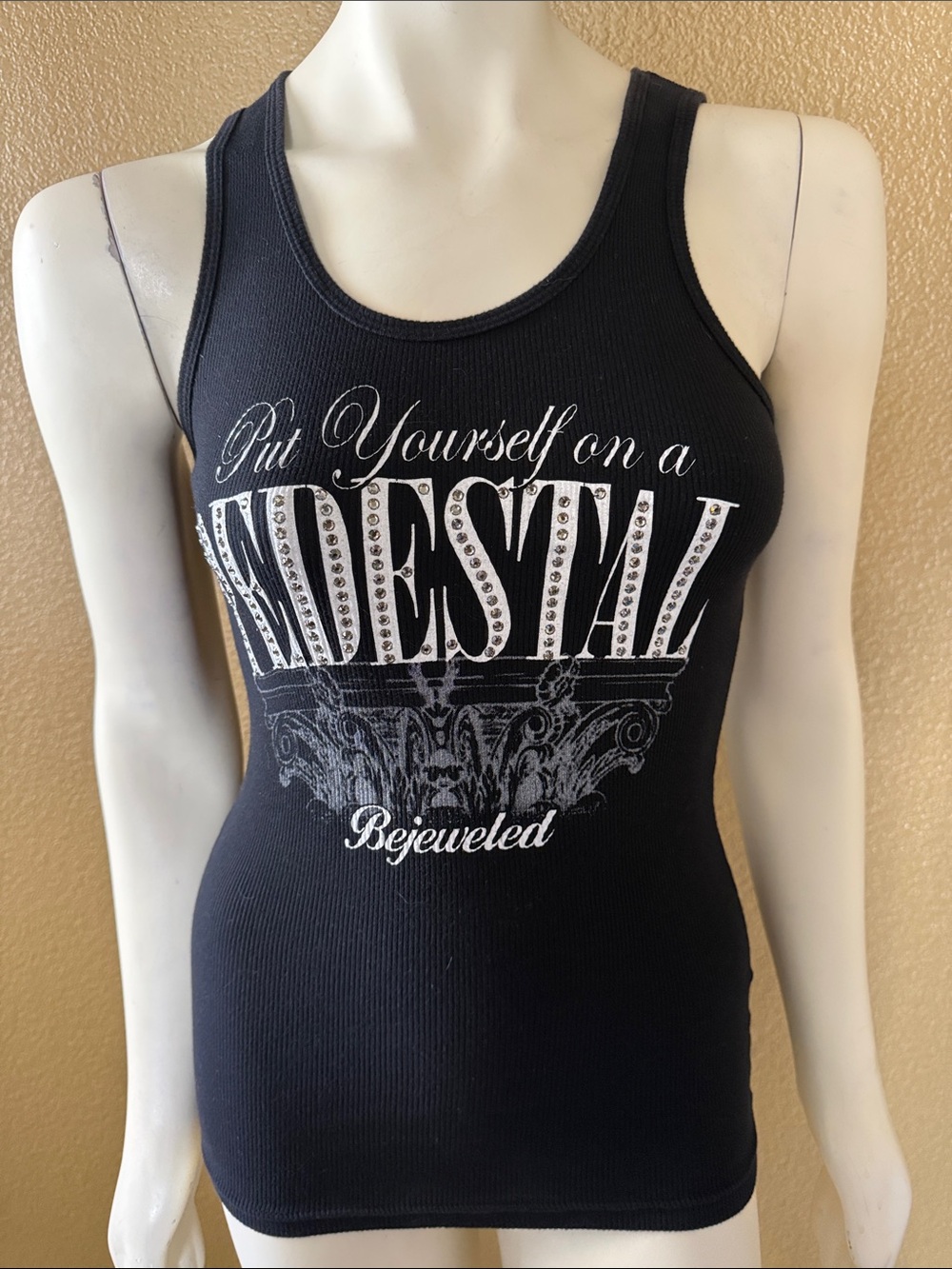 Bejeweled Black Ribbed Tank Top - 'Put Yourself on a Pedestal'